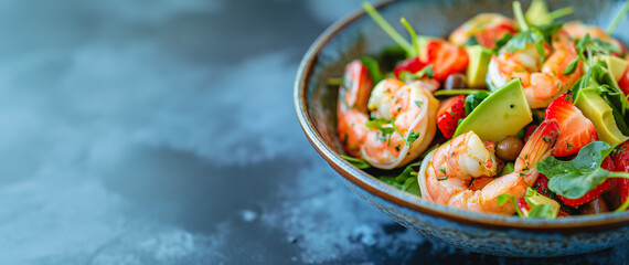 Delicious prawn salad with strawberries, avocado, and greens on textured background With space for text