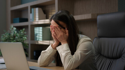 Caucasian businesswoman in office computer error crash business woman girl female worker sit at...
