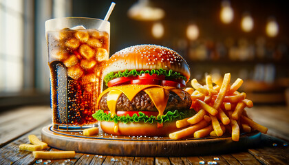 hamburger with lettuce and cheese with French fries and soda - obrazy, fototapety, plakaty