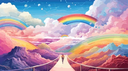 Gordijnen A celestial bicycle race on a rainbow road with cyc © Mishi