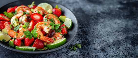 Delicious prawn salad with strawberries, avocado, and greens on textured background With space for text
