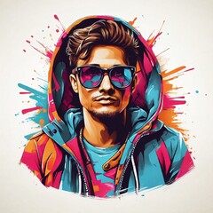 illustration of a trendy and cool man with a hoodie jacket and glasses t-shirt design. beautiful art design for t-shirts, stickers, posters, social media, web. generative ai - obrazy, fototapety, plakaty