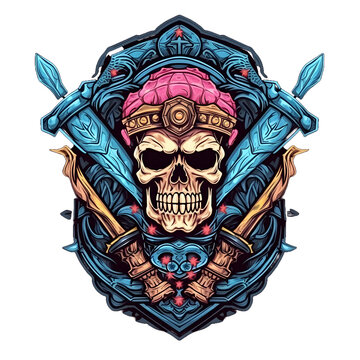 Warrior Skull Emblem with Weapon Isolated on Transparent Background. Skeleton Warrior Mascot