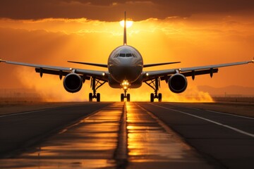 A large jetliner taking off from an airport runway at sunset or dawn with the landing gear down. Tourism and travel concept - obrazy, fototapety, plakaty