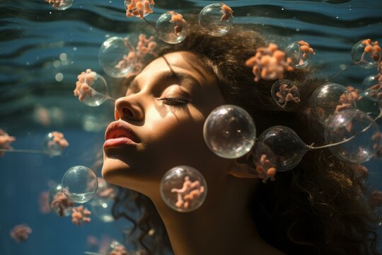 Adventurous Senior man snorkeling bubbles. Male mask fun. Generate Ai