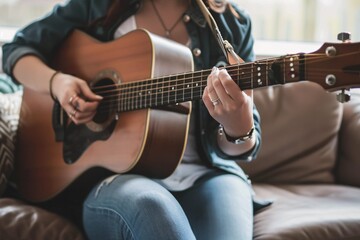 Fototapeta na wymiar Guitar Girl - A woman playing guitar in a denim jacket, showcasing her musical talent and style. Generative AI