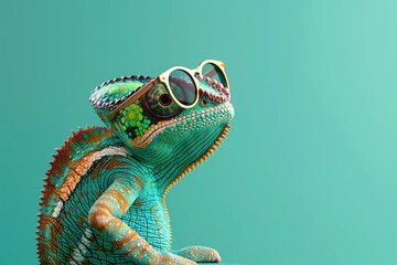 A cool Chameleon wearing sunglasses on a green backdrop, attention-grabbing style sales and marketing banner for corporate and business - obrazy, fototapety, plakaty