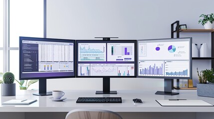 three computer screens, tech-savvy, purple, blue, and white-themed data dashboards displaying advanced charts and graphs, all accompanied by a cup of tea on the table.