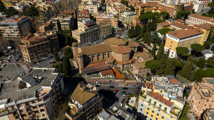 Obraz premium Aerial view of the church of San Roberto Bellarmino. It is a Catholic place of worship located in the Parioli neighborhood in Rome, Italy.