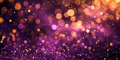 Abstract background featuring a dazzling display of purple and gold bokeh lights.
