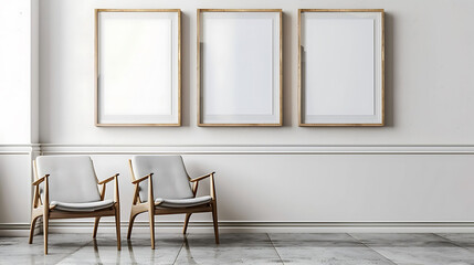 Multi mockup poster frames on a gallery style picture rail, by a modern armless chair