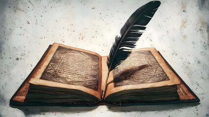 Old weathered books, quill on white background