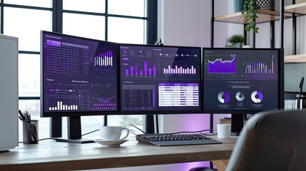 three computer screens, tech-savvy, purple, blue, and white-themed data dashboards displaying advanced charts and graphs, all accompanied by a cup of tea on the table.
