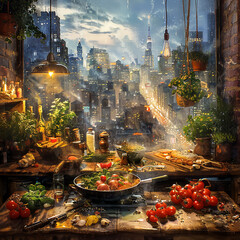 Gourmet food preparation of healthy organic ingredients showcased on a stark contrasting background of a fastpaced modern city life - obrazy, fototapety, plakaty