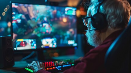 Elderly person with headphones focused on playing a competitive multiplayer video game, displaying passion and concentration. - obrazy, fototapety, plakaty
