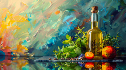 Healthconscious oil and herb selections positioned on a reflective surface with a dynamic abstract art backdrop