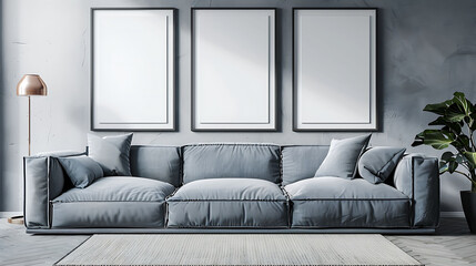 Multi mockup poster frames on fabric covered pinboard, by a trendy sofa bed