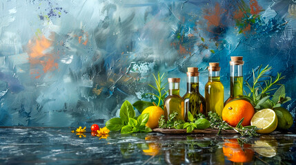 Healthconscious oil and herb selections positioned on a reflective surface with a dynamic abstract art backdrop - obrazy, fototapety, plakaty