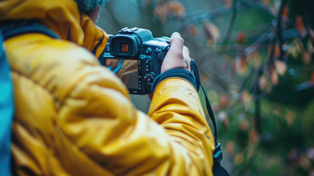 Person in a yellow jacket photographing nature with a digital camera.