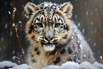 Endangered Snow leopard. Winter nature cat. Generate Ai