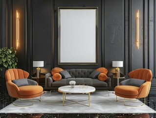 Luxury living room with a poster frame mockup, high-end furnishings, 3D illustration for upscale home décor.