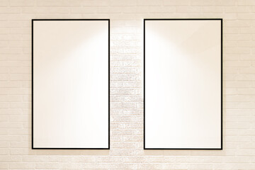 White brick wall with 2 frames mock up on the wall. Design 3d rendering of white and light woods. Design print for illustration, presentation, mock up, interior, zoom, background. Set 6