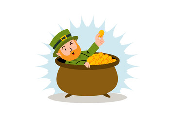 funny man with green hat is bathing gold coins in bathtub. illustration for St. Patrick's Day, Irish holiday