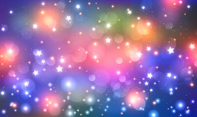 Rainbow kawaii universe galaxy space or night sky holographic background, magic sparkles, stars, unicorn, princess fairytale. Fantasy dreaming galaxy and magic space with fairy light.  Vector EPS10.