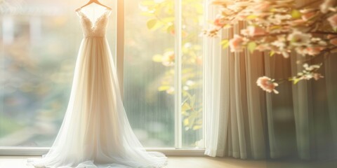 An elegant wedding dress hanging in a bright, sunny room, evoking a sense of anticipation for the big day.