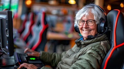 Elderly lady with headphones smiling joyfully at the camera while engaging in computer gaming, breaking stereotypes.