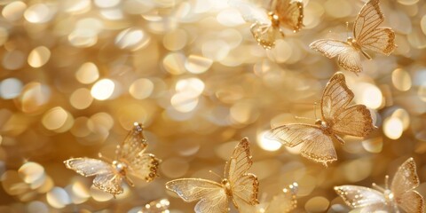 Shimmering golden butterflies against a backdrop of golden bokeh light, symbolizing celebration.