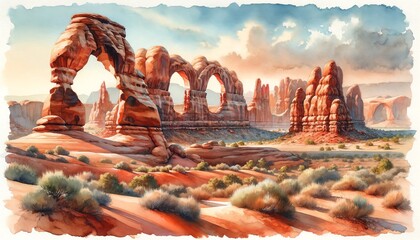 Watercolor landscape of Arches National Park