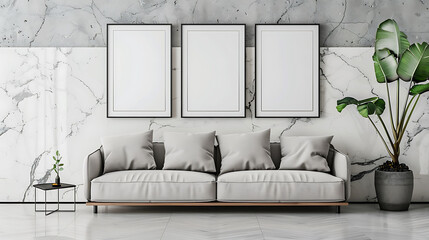 Multi mockup poster frames on marble wall, near elegant upholstered loveseat, Scandinavian style living room