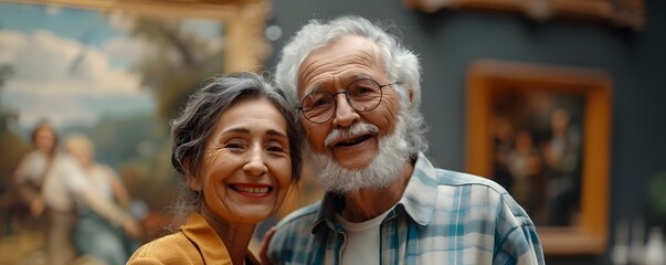Elderly couple shares happiness at art museum exhibit . Concept Love, Art, Elderly, Happiness, Museum