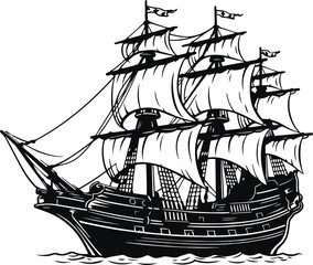 Pirate Ship in sea, Ship silhouette Vector illustration
