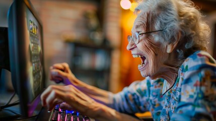 An elderly woman laughing heartily as she plays an exciting computer game, displaying timeless joy.