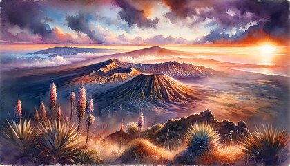 Watercolor landscape of Haleakalā in Hawaii - obrazy, fototapety, plakaty