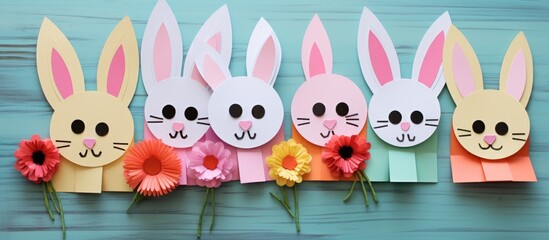 Fototapeta premium A row of cartoon paper rabbits with pink flowers on a table, each wearing a happy smile. This artsy display is perfect for Easter celebrations