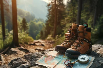 Schilderijen op glas Hiking boots and compass on rocky terrain © gearstd