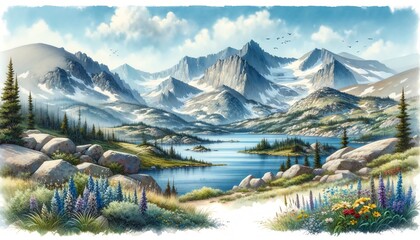 Watercolor landscape of Rocky Mountain National Park