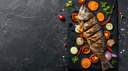 fish adorned with knife cuts, accompanied by sweet potato, red pepper, onion, and green zucchini circles in European style cuts, all presented on black stone plating.