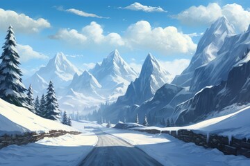 Serene Snow road mountains sunset. Trip car. Generate Ai