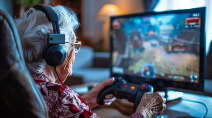 Engrossed senior woman plays video games with headphones on, using a gaming console in a bright, comfortable living room.