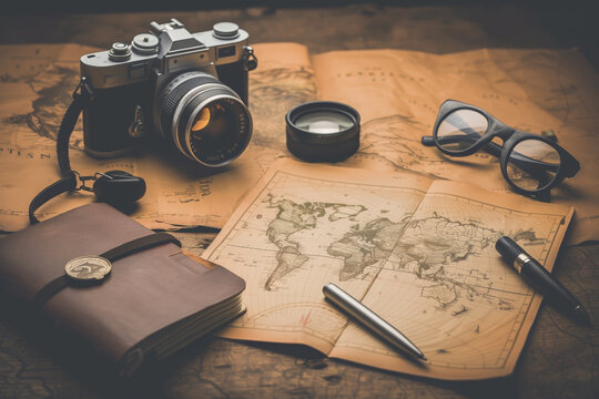 Vintage camera and travel items on map