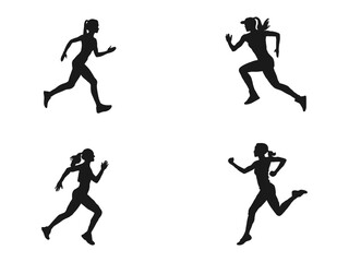 Set of silhouettes of running women. Running men and women, vector set of isolated silhouettes. Running woman side view vector silhouette.  vector icons for web design isolated on white background.