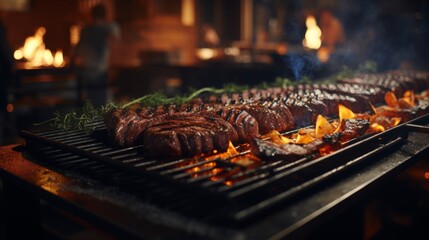 Close-up of sizzling meat on grill with flames dancing, evoking senses of smell and warmth - obrazy, fototapety, plakaty