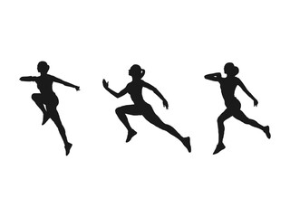Set of silhouettes of running women. Running men and women, vector set of isolated silhouettes. Running woman side view vector silhouette.  Woman athletes on running race on white background.
