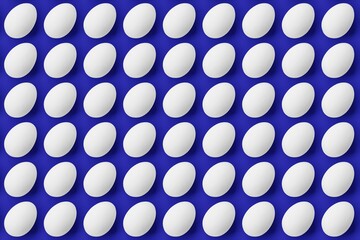 Many white eggs on navy background. Top flat view, disorder and grid, diagonal. 3d render, illustration