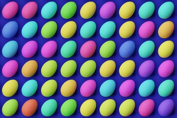 Many colorful eggs on navy background. Top flat view, disorder and grid, diagonal. 3d render, illustration