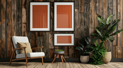 Fototapeta na wymiar Multi mockup poster frames on barn wood wall, near Adirondack chair, Scandinavian style living room